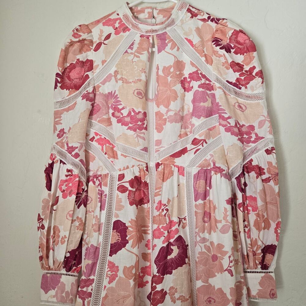 Ted Baker Denissa Linen Floral Midi Dress Pink Lace Cut Out Bishop Sleeve US 6 - Picture 12 of 15